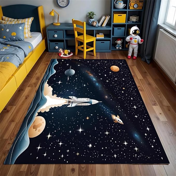 Space Children's Play Rug,3x5ft,Solar System Planet Rocket Play Mat Rug, Suitable for Boys and Girls, Home Decor,Educational Learning Play Area Rug,Suitable for Children's Bedroom Playroom
