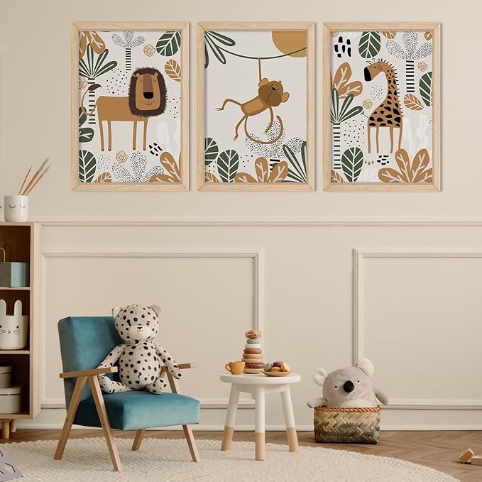 YWJKWLGS Kids Safari Animal Wall Decor, 3 Piece Nursery Art for Baby Room 16"x24" Jungle Theme Cute Lion Monkey Giraffe Prints Sign Wood Framed for Children's Room Toddler Bedroom Decoration (Wood)