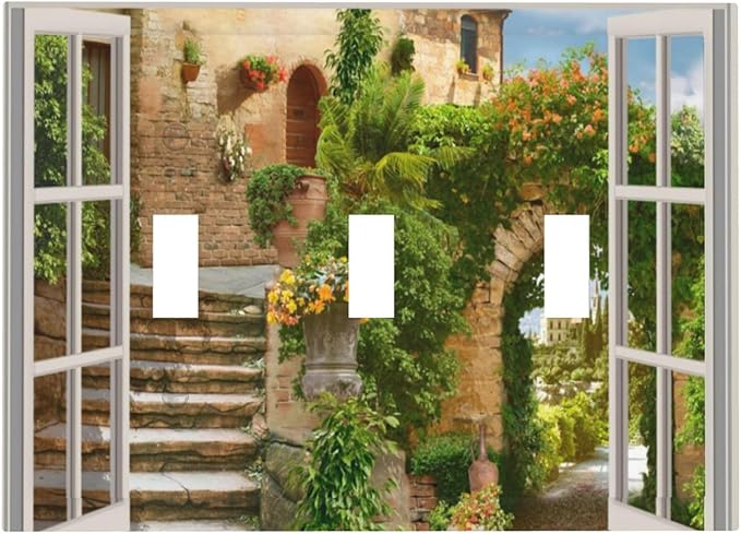 Mediterranean Greece Scene Flowers Triple Toggle Light Switch Cover 3 Gang Wall Plate Decorative Italian Town from Another Window Electrical Facplate for Bathroom Kitchen Home 6.7" x 4.8"
