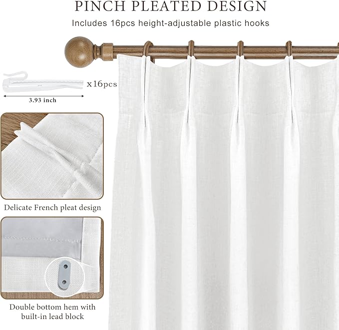 IVAPUPU Linen Pinch Pleated Blackout Curtains for Bedroom - Ivory Full Black Out Curtains 102 Inch 2 Panels Set for Living Room Darkening Thermal Window Curtain Drapes with 16pc Hooks