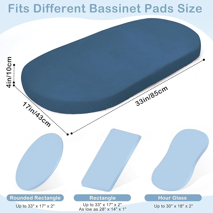 Basumee Muslin Bassinet Sheets for Baby Girl Boy 2 Pack Soft Breathable Baby Bedside Bassinet Fitted Sheets with Bottom Elastic Band 33''x17''x4'' Mattress Cover for Rectangle Oval Hourglass Bassinets