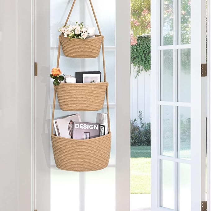 Hanging Storage Baskets, 3-Tier Over the Door Basket, Cotton Wall Baskets Storage, Detachable Hanging Door Basket with 4 Hooks, Over the Door Organizer Nursery for Bedroom, Living Room, Bathroom Wall