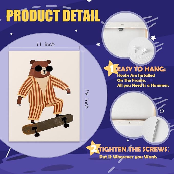 URLLUAE Trendy Sunglasses Bear Canvas Poster Prints 11x14 Inch, Woodland Animal Nursery Decor, Funky Skateboard Bear Animal Canvas Prints Wall Decor for Kids Room Nursery Playroom Classroom