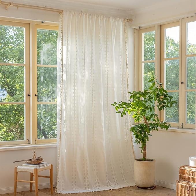 Deeprove Cream White Boho Curtain 63 inches Length for Living Room Bedroom Nursery, Aztec Chic Bohemian 63 inches Long Diamond Stripe Embroidery Privacy Window Fringe Decor W52 x L63, 1 Panel