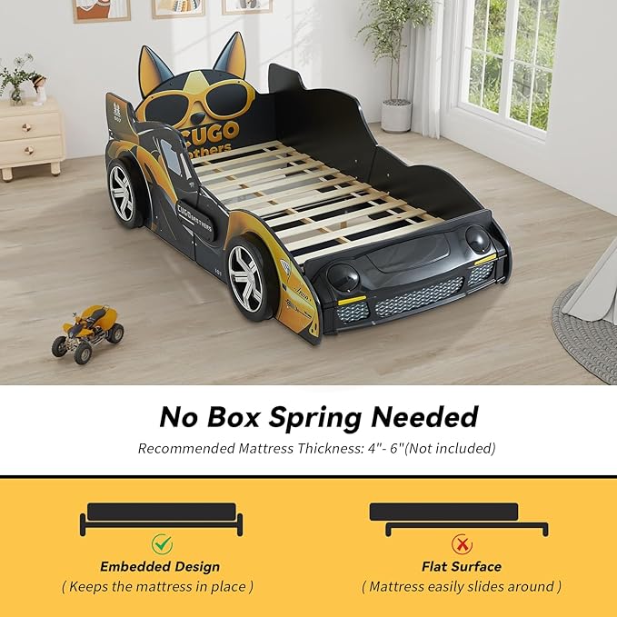 LKTART Twin Size Car Bed for Kids, Cartoon Dog Race Car-Shaped Wooden Platform Bed Frame with Headboard Wheels, LED Lights and Support Slats for Boys Toddlers Child