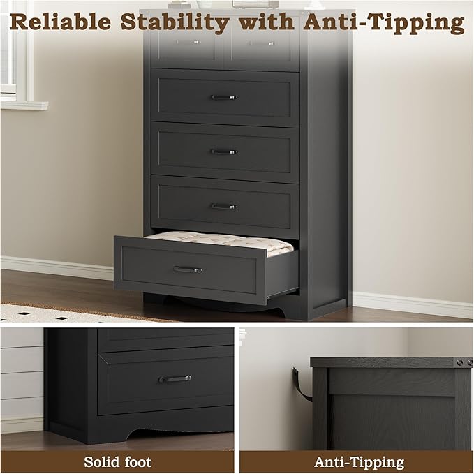 Tall 6-Drawer Dresser for Bedroom, Modern Wooden Chest of Drawers with Metal Handles, Anti-Tipping Design, Sturdy and Stable Storage Organizer for Living Room, Entryway, Home Office, Standard