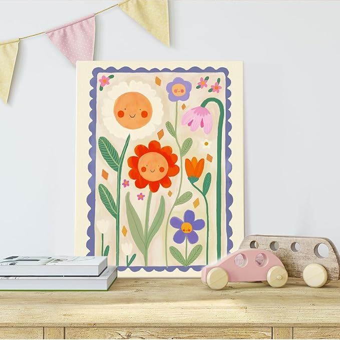 SZERE Cute Kids Smile Floral Canvas Art Decor Posters ,kids flowers Room Bedroom Bathroom Playroom Dorm Classroom Canvas Wall Decor Aesthetic for Nursery Kids Teen Girls Gifts,11x14 Inch Set of 4 Pcs classroom Pictures
