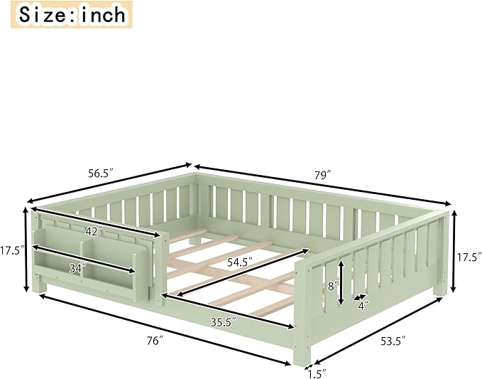 Bellemave Full Size Floor Bed with Slats and Safety Guardrail, Full Size Montessori Floor Bed with Fence and Built-in Bookshelf, Easy Assemble Montessori Beds for Kids, Girls, Boys, Green