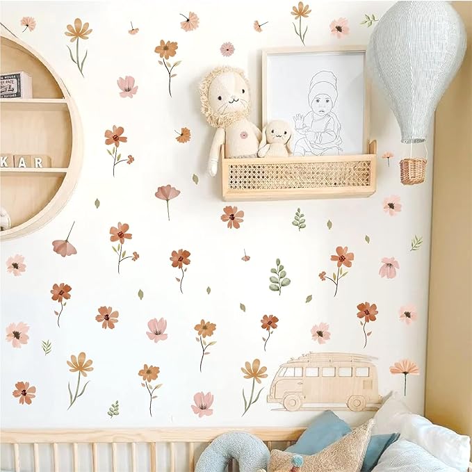 Small Flower Wall Stickers Boho Floral Wall Decals Watercolor Wildflower Decals Cute Flowers Stickers Removable Retro Floral Decal for Nursery Girls Bedroom Decor