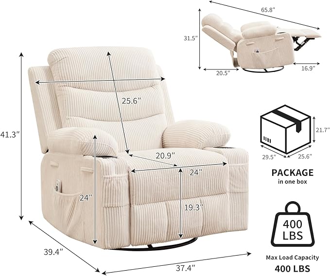 Recliner Chair Nursery, Oversized Manual Reclining Rocking Chair, 360 Swivel Glider with Cup Holder, Massage and Heat Recliner, Indoor Small Single Sofa Chairs for Adults, RV, Bedroom, Corduroy Beige