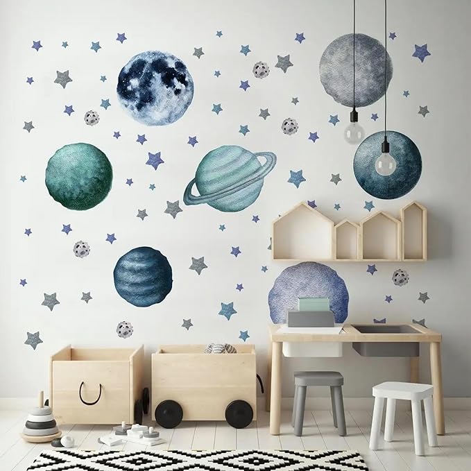 Planets and Stars Wall Decals, Removable Solar System Wall Stickers, Space Wall Décor, Peel and Stick Universe Art Mural Vinyl Sticker for Kids Boys Bedroom Nursery Decoration