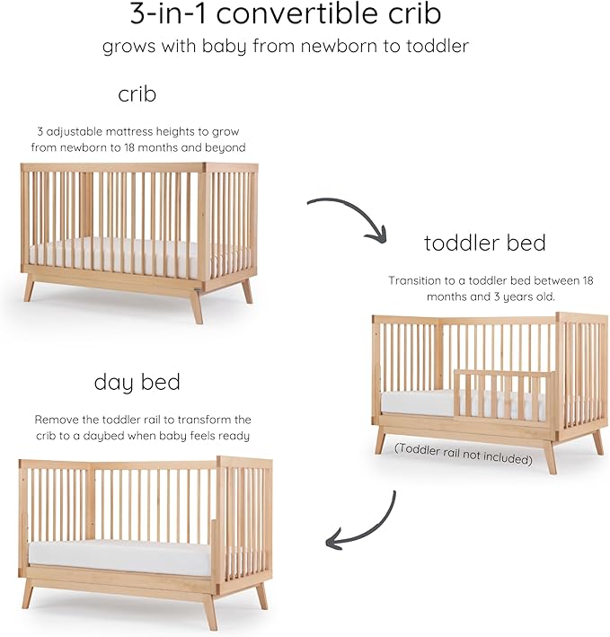 dadada Baby Soho 3 in 1 Convertible Wooden Crib to Toddler Bed - Made in Italy, GREENGUARD Gold Certified, Baby-Safe Finish, Sustainable Beech Wood, Modern Design, 3 Adjustable Heights (Natural)
