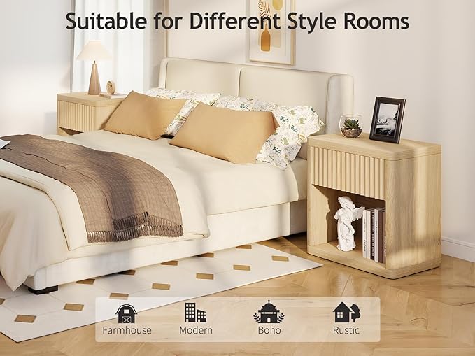 Night Stand Fluted Nightstand with Drawers, Wood Bedside Table with Storage Shelf, Bed Side Table for Bedroom, End Tables Living Room, Farmhouse Nightstands Night Stands, Sofa Side Tables