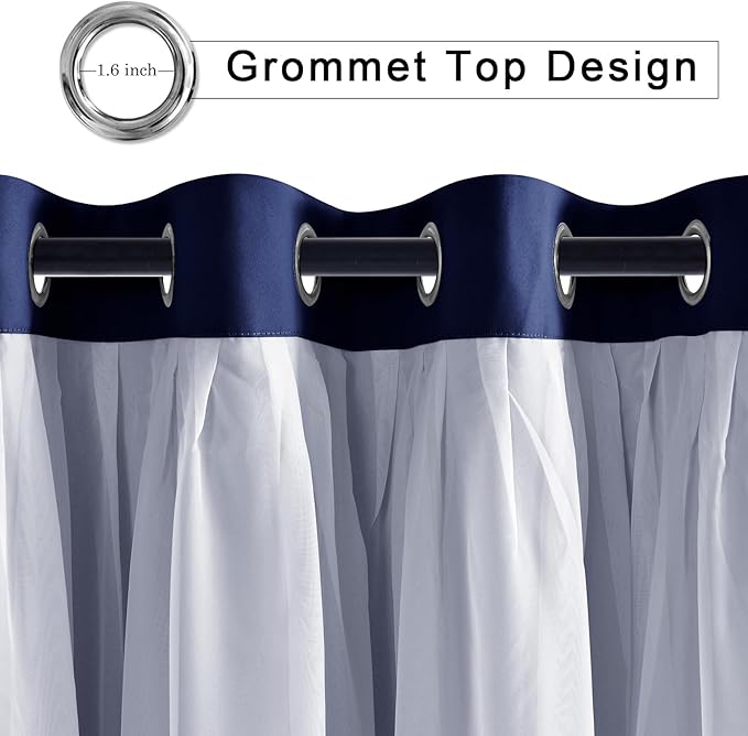 Hiasan Blackout Curtains with Sheer Overlay, Thermal Insulated Privacy Mix and Match Double Layer Window Curtains for Bedroom, Living Room, 2 Drape Panels Sewn with Tiebacks, Navy Blue, 70W X 63L