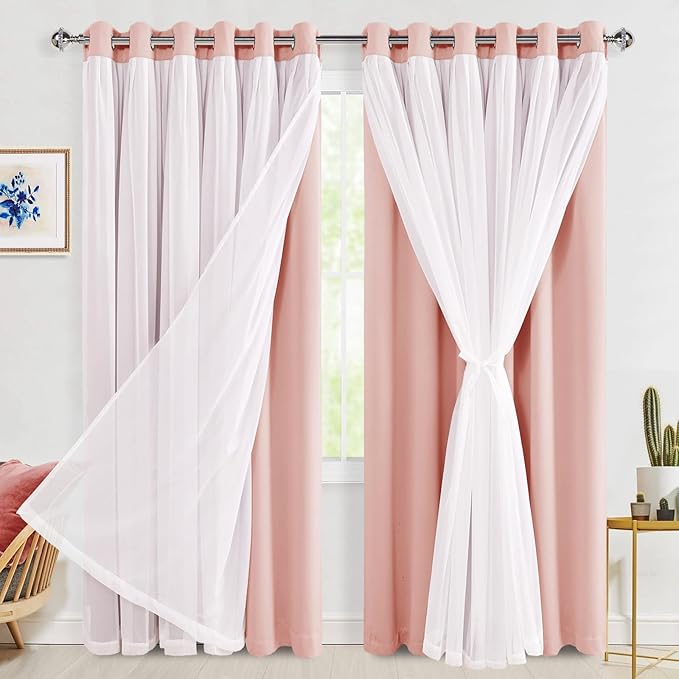 Hiasan Blackout Curtains with Sheer Overlay, Thermal Insulated Mix & Match Double Layer Room Darkening Window Curtains for Bedroom,Living Room,Nursery 2 Panels with Tiebacks (70W X 84L,Blush Pink)