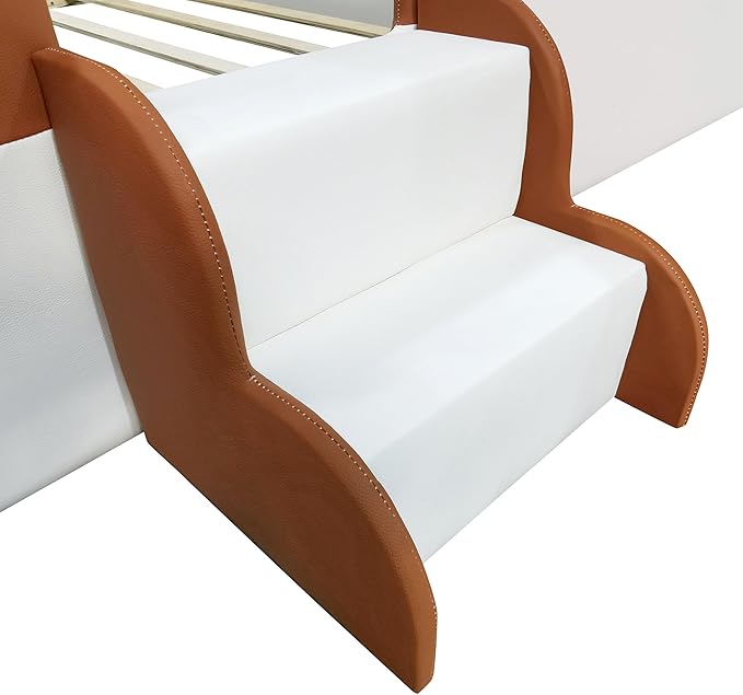 King Size Upholstered Daybed Frame with Fence and Stairs, Montessori Kids Floor Bed with Sturdy Slat Support for Kids Boys Girls (Brown+King)