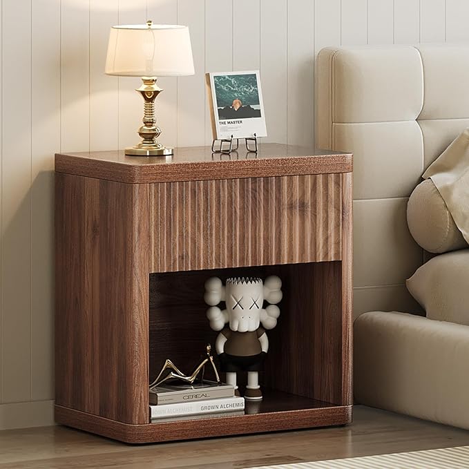 Night Stand Fluted Nightstand with Drawers, Wood Bedside Table with Storage Shelf, Bed Side Table for Bedroom, End Tables Living Room, Mid Century Nightstands Night Stands, Sofa Side Tables