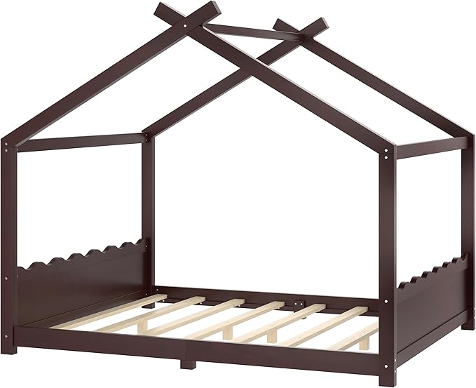 Queen Size Wooden House Floor Bed - Kids Bed Frame with Roof & Support Slats for Bedroom, No Box Spring Needed, Easy Assembly (Espresso)