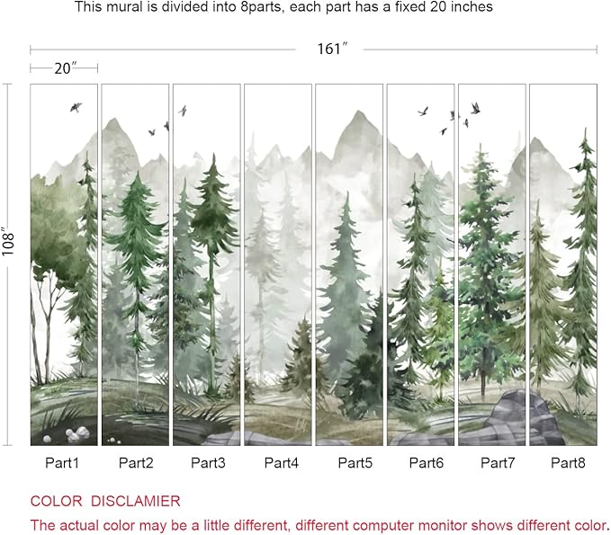 Green Forest Wall Mural Watercolor Woodland Wallpaper for Nursery Room (Not Peel n' Stick)