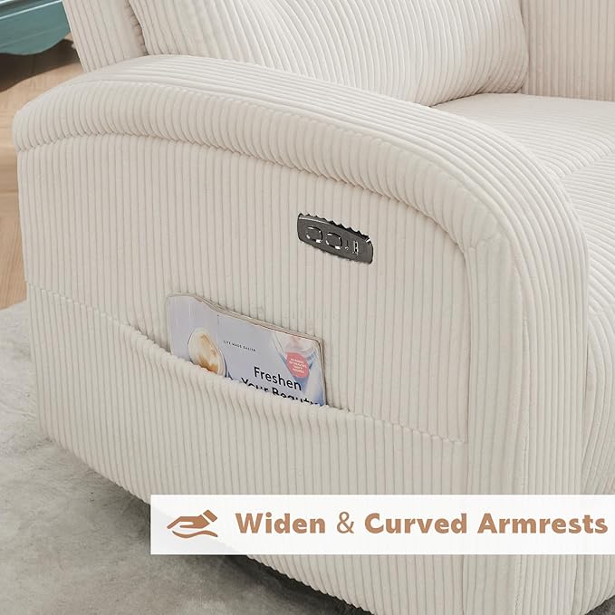 Power Nursery Swivel Recliner, Electric Rocking Recliner with USB and Type-C Port, Swivel Glider Nursery Recliners for Living Room,Corduroy White
