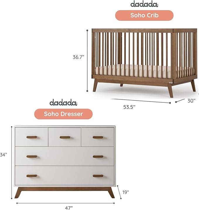 dadada Soho Baby Nursery Furniture Set. Baby Crib and Dresser Set Combo. Soho 3 in 1 Convertible Crib and Matching 5 Drawer Dresser. Walnut Beechwood