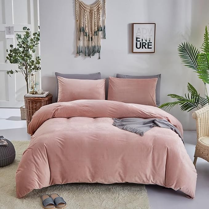 Houseri Pink Duvet Cover Queen Fluffy Light Pink Velvet Bedding Set Full Girls Blush Pink Duvet Cover Flannel Fuzzy Dusty Pink Bedding Duvet Covers Women Micromink Sherpa Plush Pink Bedding Sets Queen