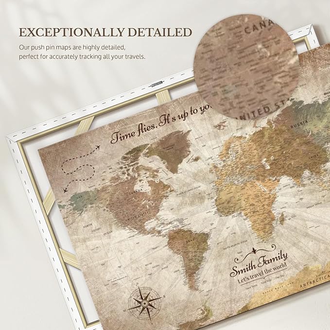 ElephantStock - Personalized Be The Navigator I Push Pin World Map Wall Art - Horizontal Canvas Wall Art - Living Room Wall Decor - Digital Art Map Canvas Art - Brown And Beige Decor - 45" x 30"