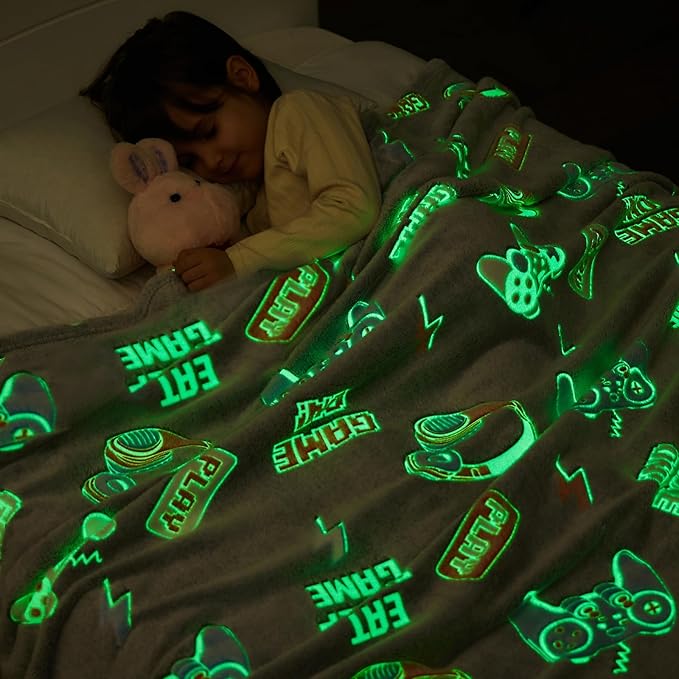 inhand Glow in The Dark Blanket Gaming Gifts for Boys Controller Kids Throw Gamer Blanket Gamer Toys for Kids Boys Game Gamepad Presents Birthday Easter Halloween Grey 40"x60"