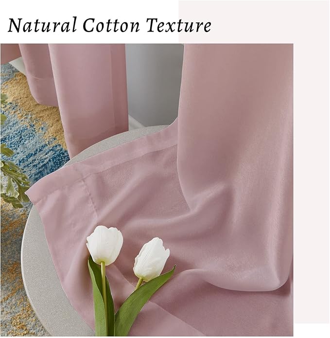 Melodieux Dusty Pink Velvety Semi Sheer Curtains 84 Inches Long for Bedroom, Living Room Natural Cotton Texture Rod Pocket Window Sheer Drapes, 52 by 84 Inch (2 Panels)