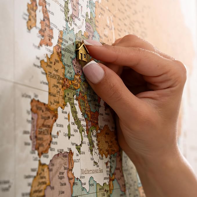 Canvas World Map with Cork Pin Board - English Lettering - Decorative Wall Decoration for All Rooms - Canvas Pictures with World Map Motif (150x100 cm, Pattern 22)