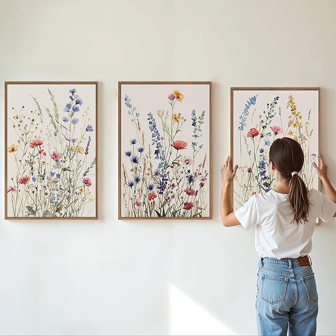 MTFBWY 3Pcs Framed Wildflower Canvas Wall Art – Floral Wall Art Watercolor Prints, Blue Botanical Artwork, Colorful Flower Pictures Decor Printing for Living Room, Girls Bedroom, or Bathroom, 16L" x 12W"