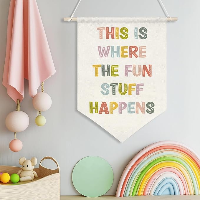 This Is Where the Fun Stuff Happens Banner,16"x11" Canvas Wall Hanging with Wooden Rod, Classroom Playroom Decor, Colorful Positive Quote Poster for Kids Room, Nursery, or Teacher Gifts (KD26)