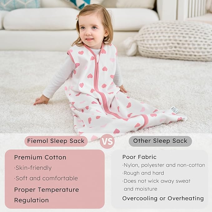 Baby Sleep Sack 12-18 months, 100% Cotton Sleeping Sack for Newborn and Infant, 3 Pack Baby Wearable Blanket for Boy and Girl, 0.5 Tog Lightweight Double Zipper Sleep Bag Pink Heart