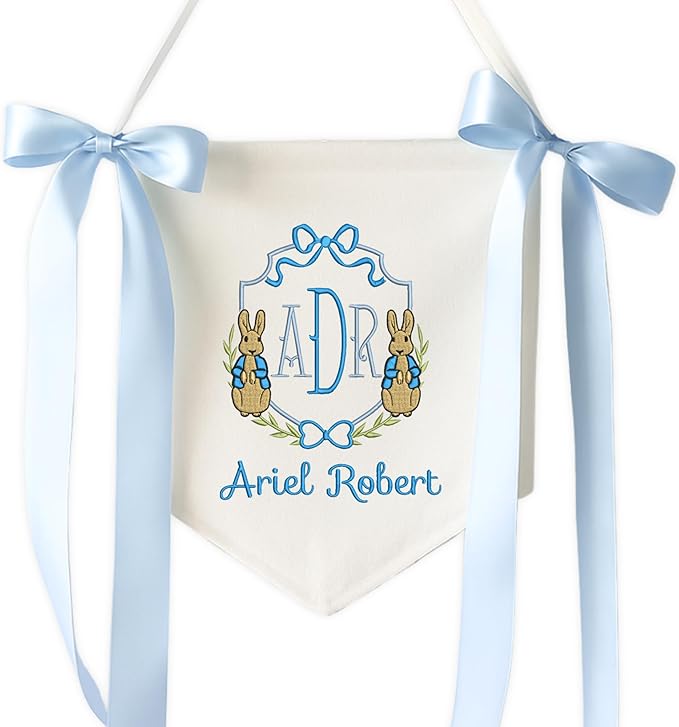 Embroidered Baby Name Sign Personalized Baby Announcement Sign Newborn Baby Banner with Bows Baby Hospital Name Sign Canvas Hanging Pennant Flag Custom Infant Baby Name Baby Shower Banner (10)