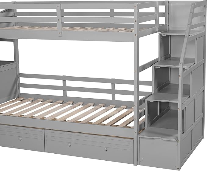 Twin Over Twin Bunk Bed with Storage Staircase and Slide, Wooden Bunk Bed Frame with Desk and Drawers, Multifunctional Bunk Bed for Kids Teens Adult Bedroom (Gray + Pine-Twin-04)