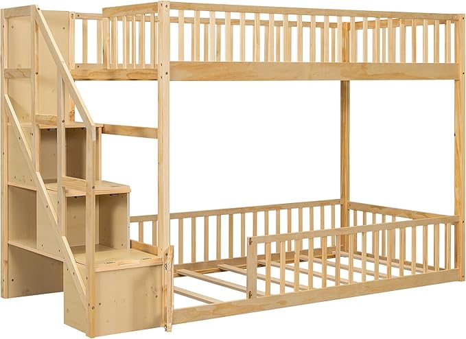 Twin Over Twin Floor Bunk Bed with Storage Staircase, Solid Wood Bunk Bed Frame with Full Length Fence-Shaped Guardrails for Kids Teens Adult Bedroom, Space Saving Design (Natural-Twin/Twin)