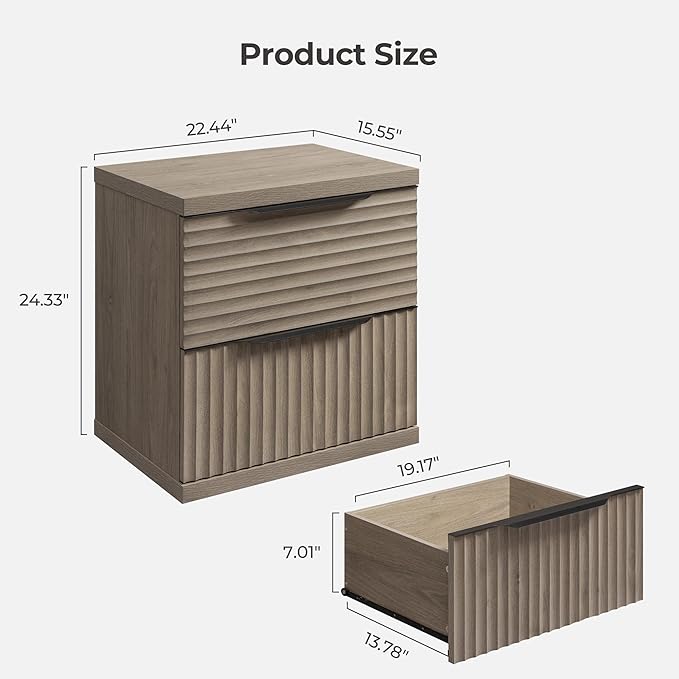 SICOTAS Fluted Night Stand Set 2 - Modern Nightstand with 2 Large Drawers, 22 Inch Wide Bedside Table for Bedroom, Mid Century Bed Side Tables Bedroom, Grey Alder