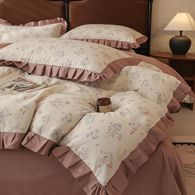 Rose Flower Duvet Cover Twin Girls Romantic Floral Bedding Set with Dusty Pink Ruffles 100% Cotton Floral Comforter Cover 1 Twin Duvet Cover with 2 Pillowcases Botanical Flower Ruffle Bedding Set