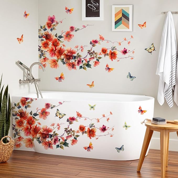 2 Sheets Removable Hanging Red Vine Flowers Wall Decal DIY Colorful Flying Butterfly Wall Decal Self-Adhesive Art Decor for Girls Room Living Room Bedroom Office TV Backdrop Home Decor