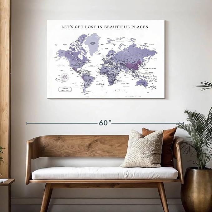 ElephantStock - Beautiful Places II Push Pin World Map Wall Art - Horizontal Canvas Wall Art - Living Room Wall Decor - Digital Art Map Canvas Art - White And Black Decor - 45" x 30"