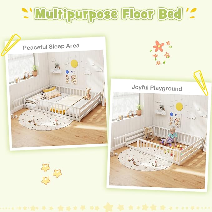 KOMFOTT Full Size Wood Floor Bed with Door & Fence, Montessori Bed Frame with Full Length Safety Guardrails, Door & Latch, Wooden Montessori Floor Bed for Kids, Girls, Boys (Full,White)