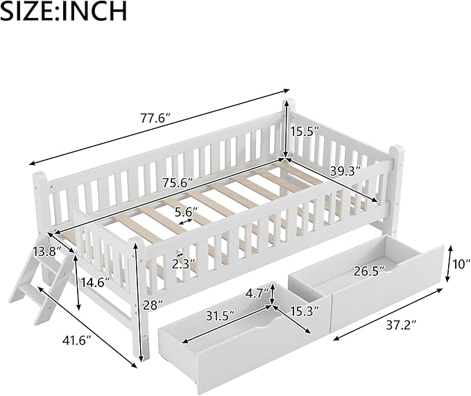 Twin Size Platform Bed with Guardrail and 2 Drawers, Wood Kids Platform Bed Frame with Two-Step Ladder for Boys Girls, Sturdy Slats Support (White-1.26)