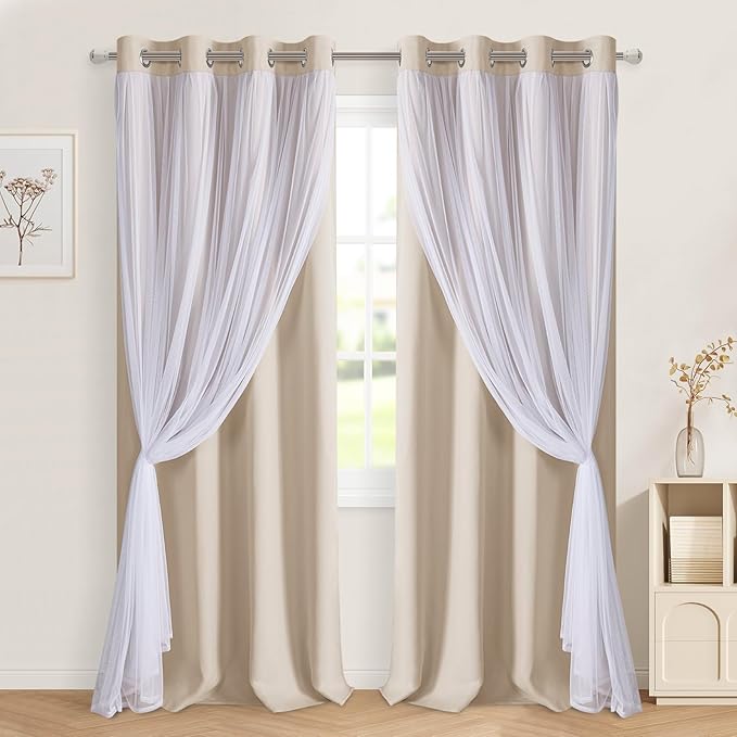 DWCN Beige Layered Curtains for Living Room Blackout and Sheer Curtains Grommet Top Window Treatment with Sheer Overlay for Bedroom, 52 W by 108 L, 2 Pieces