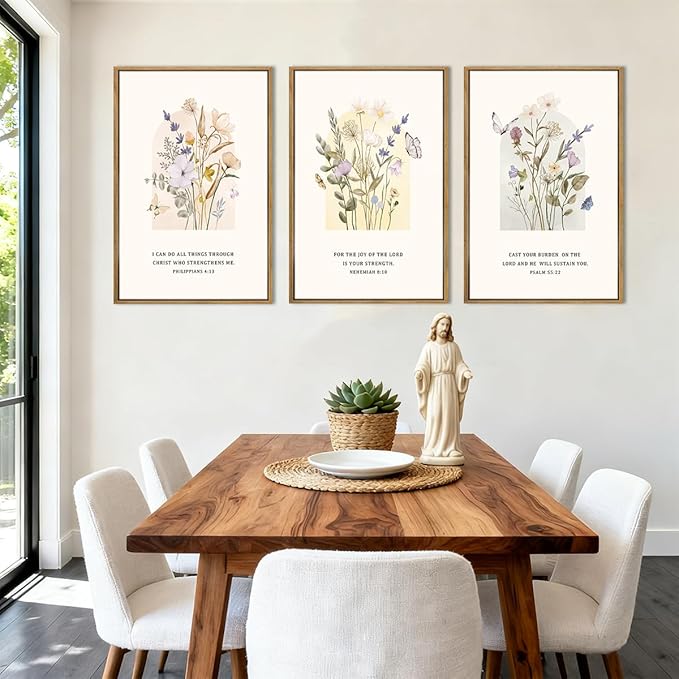 IARTTOP Extra Large Christian Bible Verse Scripture Wall Art Framed 24x36 Inches Set of 3 Minimalist Botanical Floral Religious Farmhouse Canvas Wall Decor for Church Living room Dining room