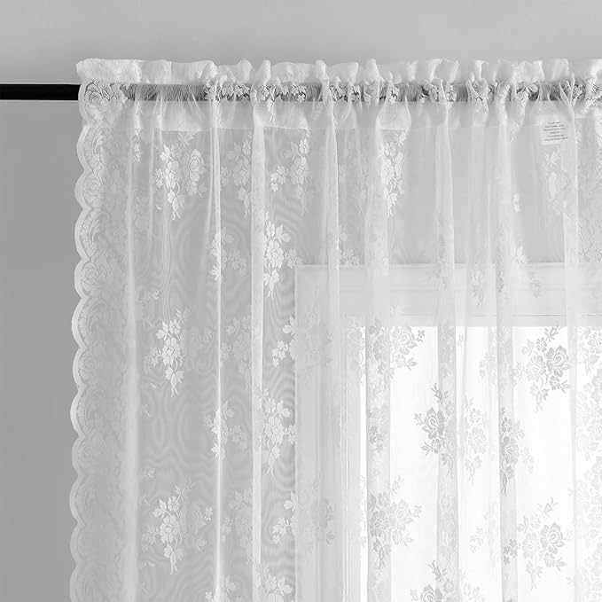 Kotile White Lace Curtains 36 Inch Length 2 Panels, Country Rustic Floral Short Lace Curtains for Kitchen Window, Rod Pocket Privacy Lace Cafe Curtains, 42 x 36 Inch Each, 1 Pair, White