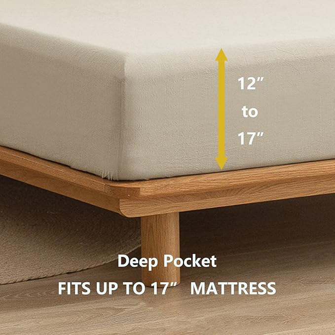 BESTOUCH Sheet Set 100% Washed Cotton Linen Feel Super Soft Comfortable Chic Lightweight 4 Pcs Home Bedding Set Solid Almond Milk Grey Cal King
