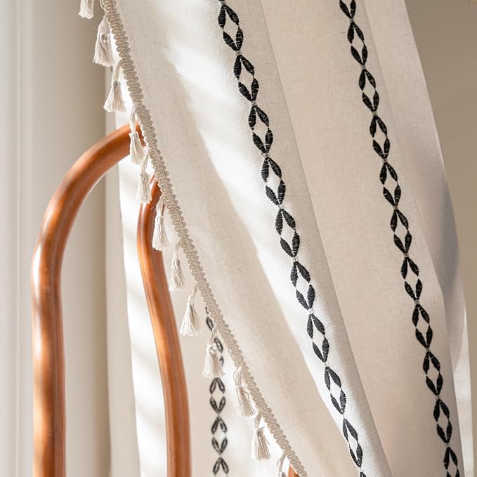 Deeprove White and Black Boho Curtains 72 inches Length for Living Room Bedroom Nursery, Chic Bohemian 72 inches Long, Stripe Embroidery Privacy Window Fringe Decoration W52 x L72, Single 1 Panel