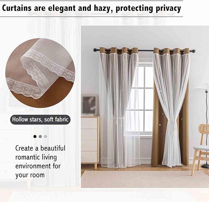 Anytime Romantic Kids Curtain,Hollow-Out Stars Window Curtain Double Layer Blackout Curtains for Girls Bedroom Kids Room 2Panel,(W52 x L84,Coffee)