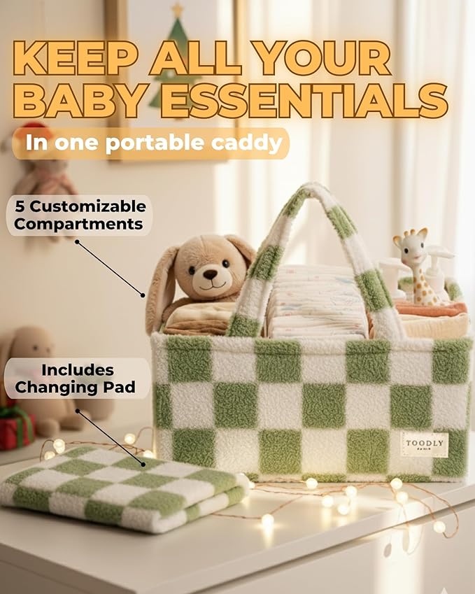 Checkered Diaper Caddy Organizer with Portable Changing Mat - Teddy Fleece Diaper Organizer for Changing Table - Caddy Organizer with Removable Dividers - Green and White