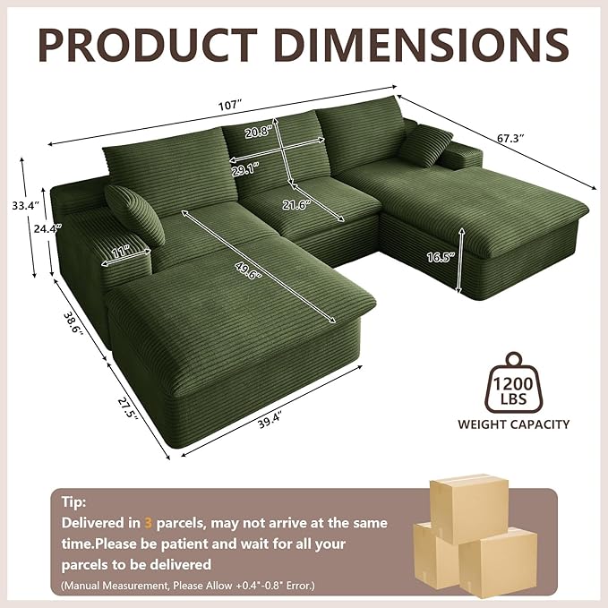 107" Cloud Modular Sectional Sofa with 1 Ottoman, Deep Seat Boneless Couch, Modern Upholstered Corduroy Couches, Comfort U Shaped Sofa for Living Room, No Assembly Required(Green,Right Facing Chaise)
